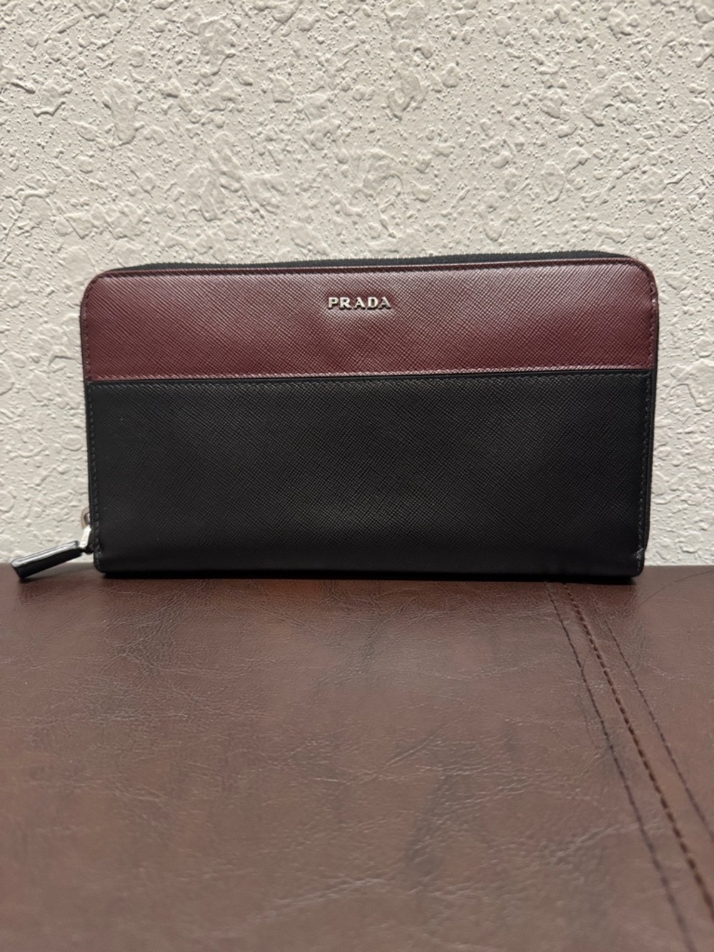 Prada Two-Tone Zip Wallet in Burgundy and Black